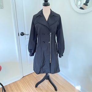 Dawn Levy black trench rain coat  Silver zipper hardware  Medium